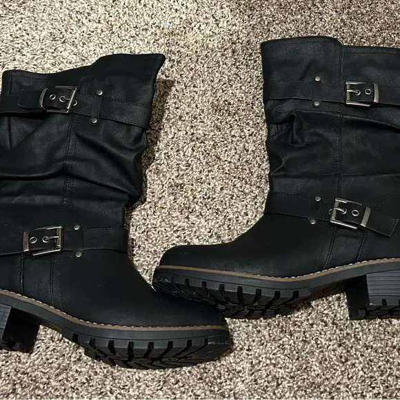 Global Win Black Moto Wide Calf Boots with Buckle Accents - Picture 6 of 9